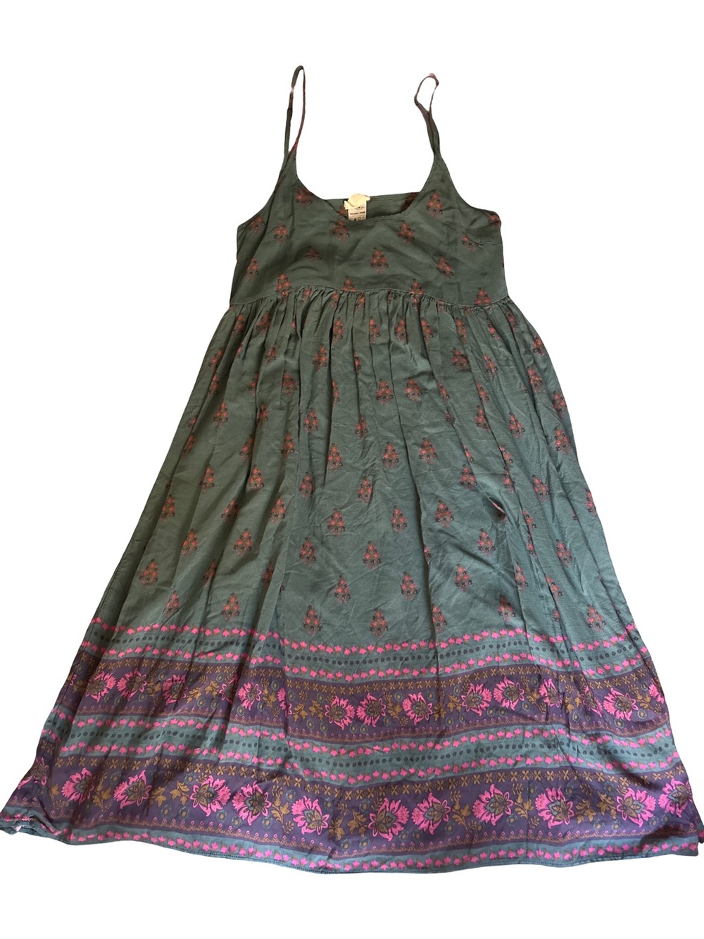 NATURAL LIFE Olive Green Maxi Dress with Pink & Purple Border